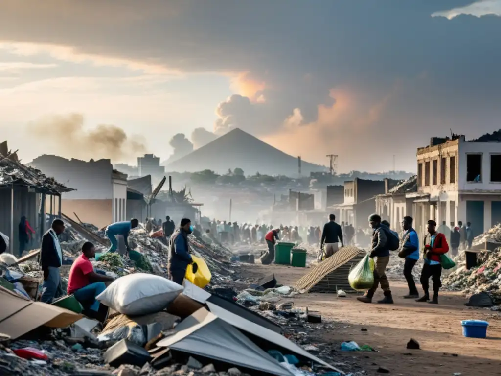 Personas reciclando materiales en ciudad destruida por la guerra: reutilización durante conflictos