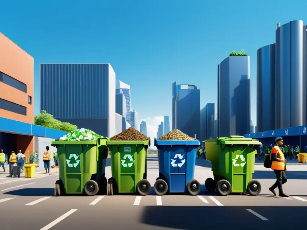 Reciclaje comunitario en la ciudad: blockchain y gestión de residuos Personas separando residuos en la ciudad, con rascacielos y cielo azul