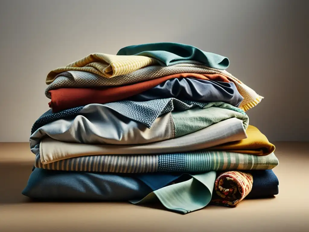 Moda sostenible: montón de ropa con texturas y colores variados Una pila caótica de ropa descartada con variadas texturas y colores, iluminada por luz natural