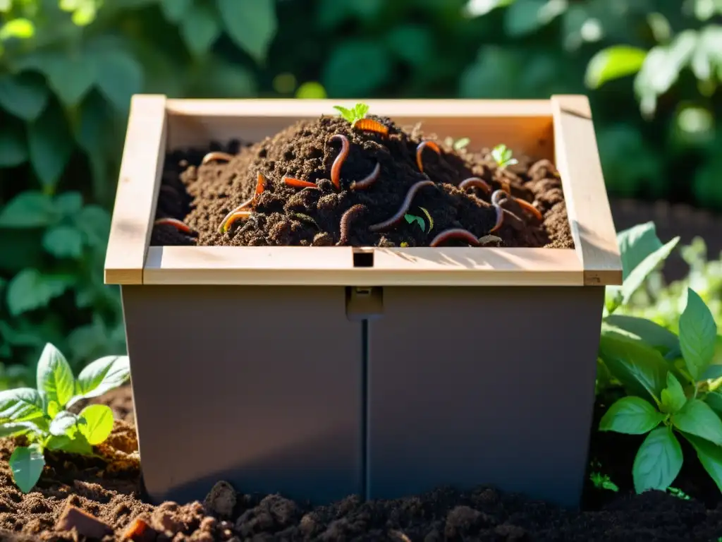 Una pila de compost avanzado con suelo oscuro y húmedo, llena de lombrices y microorganismos beneficiosos