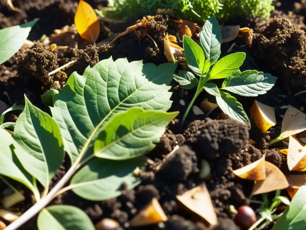 Una pila de compost con capas de materia orgánica, como restos de comida, hojas y recortes de césped, bañada por la luz del sol