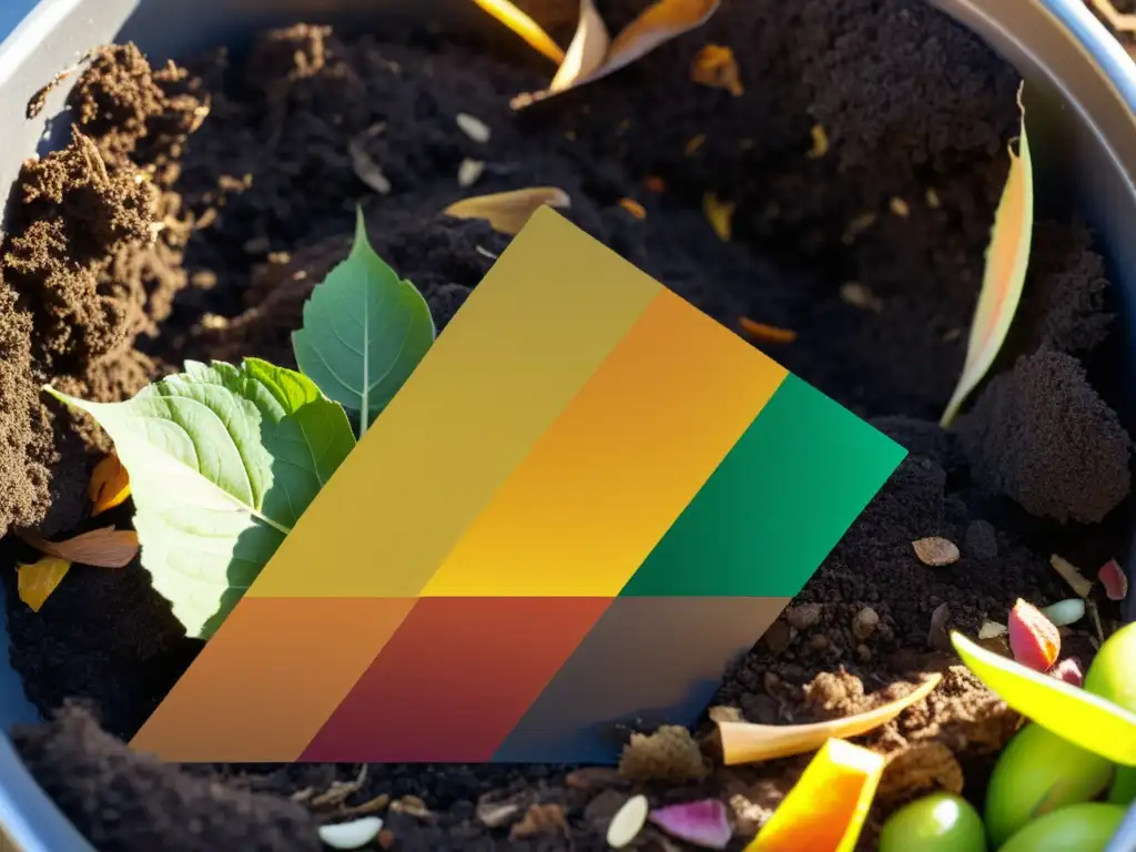 Una pila de compost con capas de materiales orgánicos, mostrando el proceso de descomposición natural