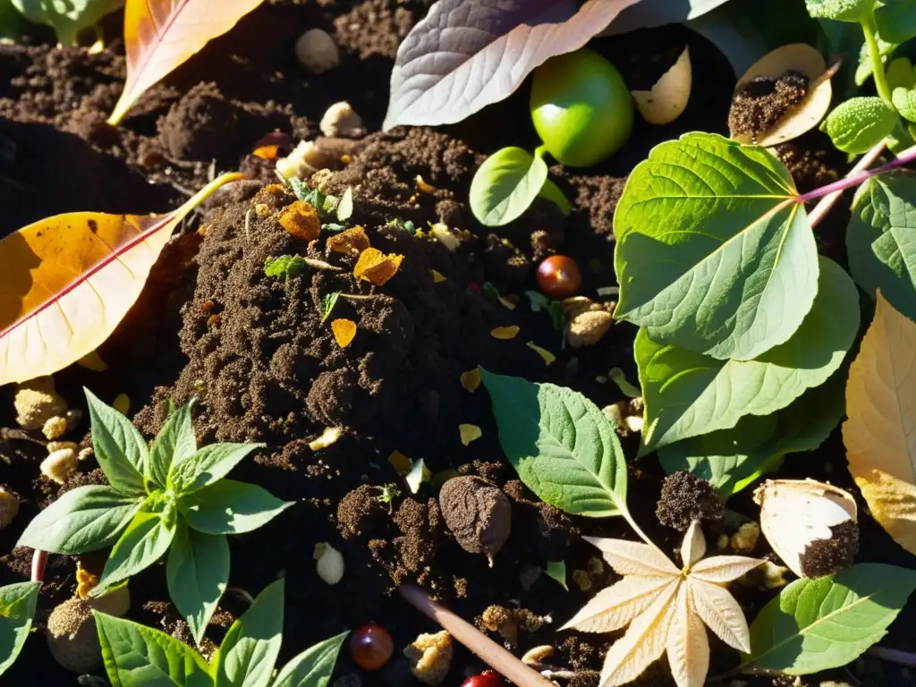 Una pila de compost comunitario rebosante de diversos tipos de materia orgánica en descomposición, creando una escena dinámica y cautivadora