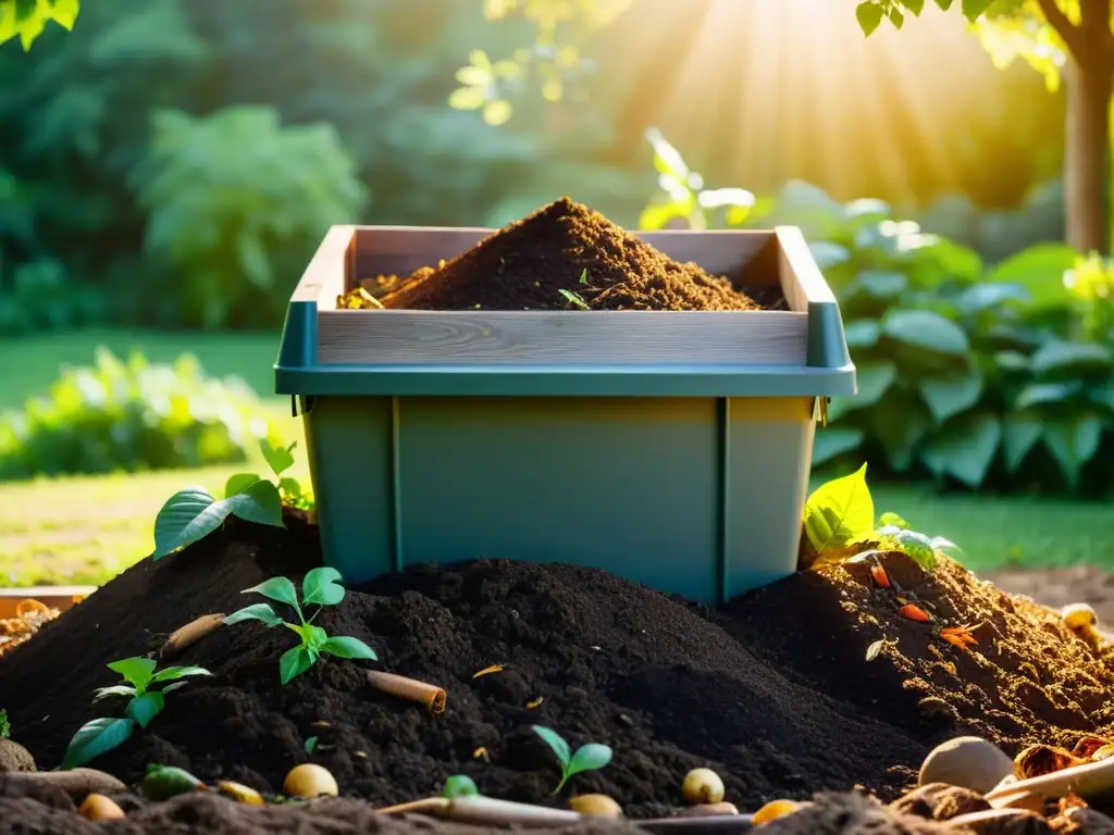 Una pila de compost en el jardín, con un contenedor de madera y capas de desechos orgánicos, hojas y tierra, bañada por la cálida luz del sol