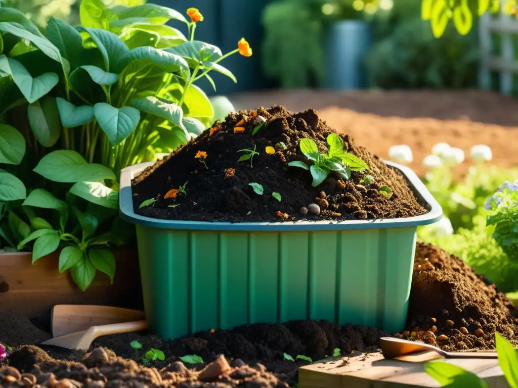 Una pila de compost detallada en un jardín, rodeada de plantas verdes y flores