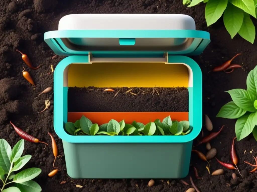 Una pila de compost exuberante y próspera con microorganismos y lombrices, creando soluciones prácticas para problemas de compostaje