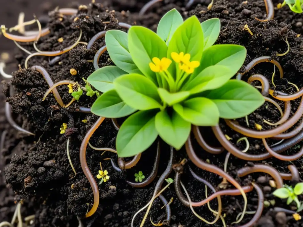 Una pila de compost oscuro rebosante de vida, con brotes verdes y flores silvestres