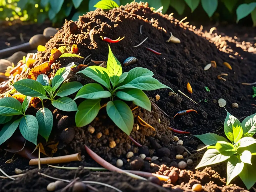 Una pila de compost en el patio, con capas de restos de cocina, desechos de jardín y tierra, con lombrices descomponiendo la materia orgánica