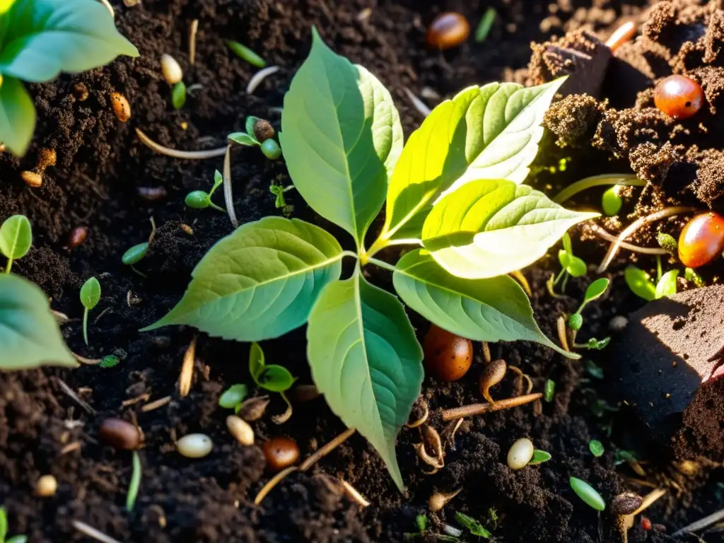 Una pila de compost próspera en un patio trasero, con textura terrosa, gusanos vibrantes y microorganismos beneficiosos