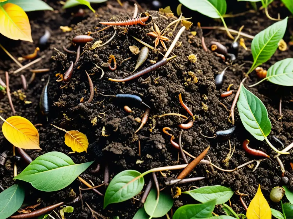 Compostaje orgánico: belleza sostenible en el jardín Una pila de compost en un jardín, rebosante de vida y belleza sostenible