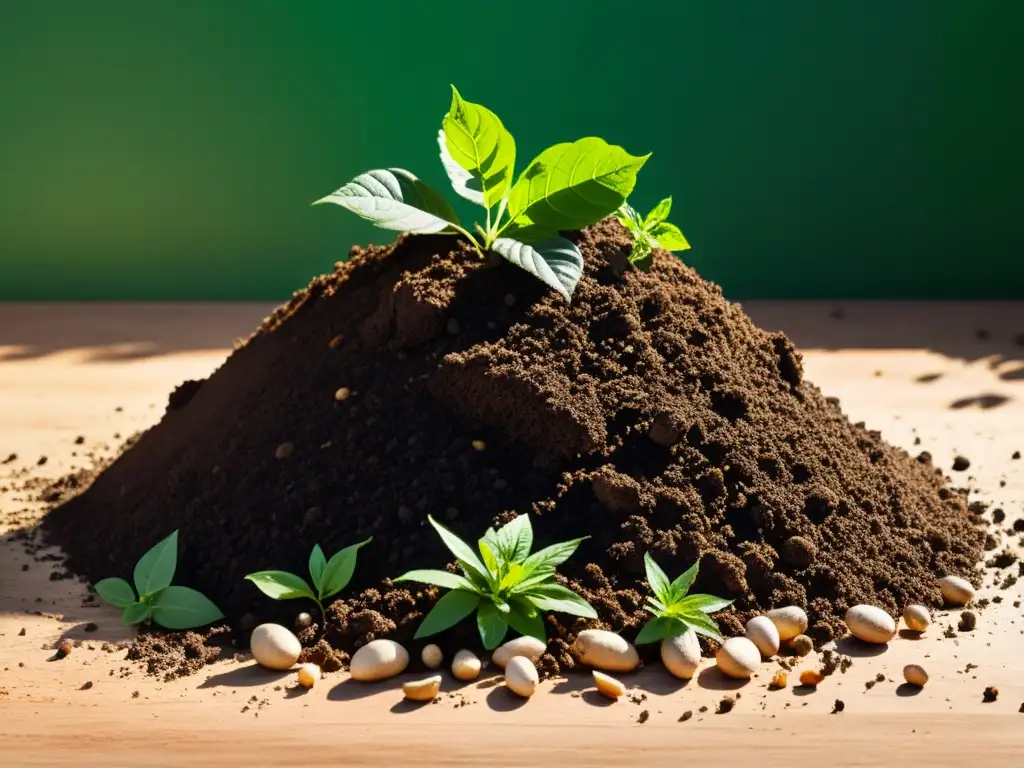 Una pila de compost verde exuberante rodeada de vida vegetal, reflejando la ética ambiental en ingeniería genética para la optimización del compost