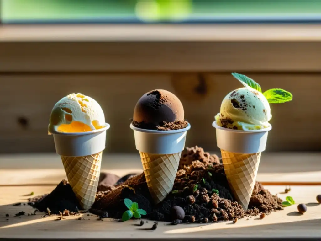 Una pila de conos de helado vacíos sobre una mesa de madera, acompañados de compost rico y brotes verdes