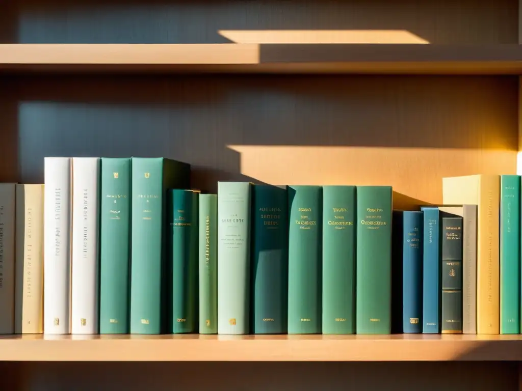 Una pila de libros desgastados descansa en un estante de madera, bañada por la cálida luz del sol