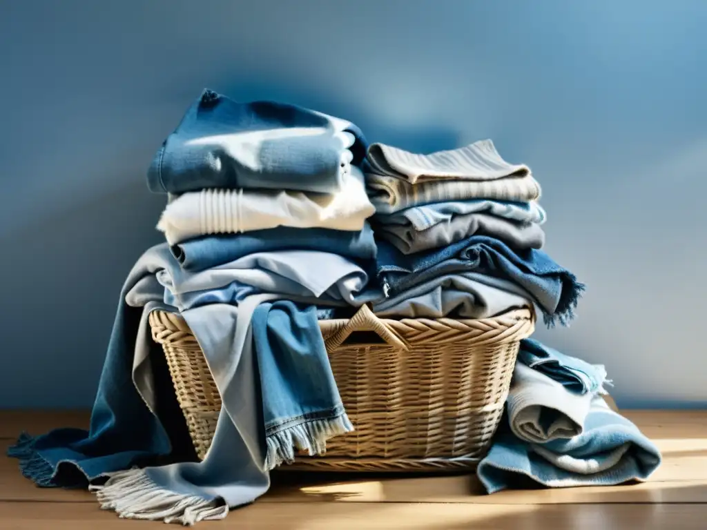 Montón de ropa vintage en tonos azules y grises Una pila de ropa de segunda mano en tonos azules, grises y blancos, dispuesta de forma artística en una cesta de mimbre