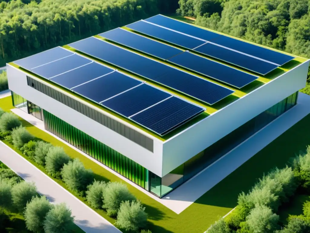 Planta de bioenergía a partir de residuos alimentarios con diseño moderno, paneles solares y vegetación exuberante