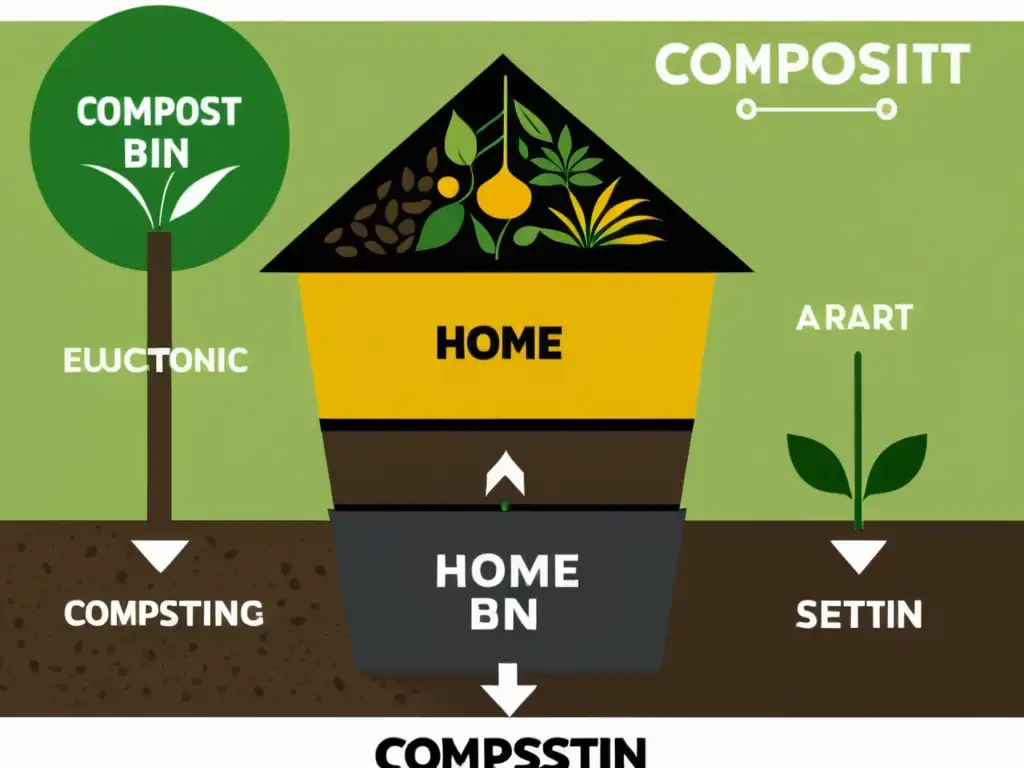 Montar planta compostaje en casa: Imagen minimalista detallada con componentes etiquetados y jardín circundante