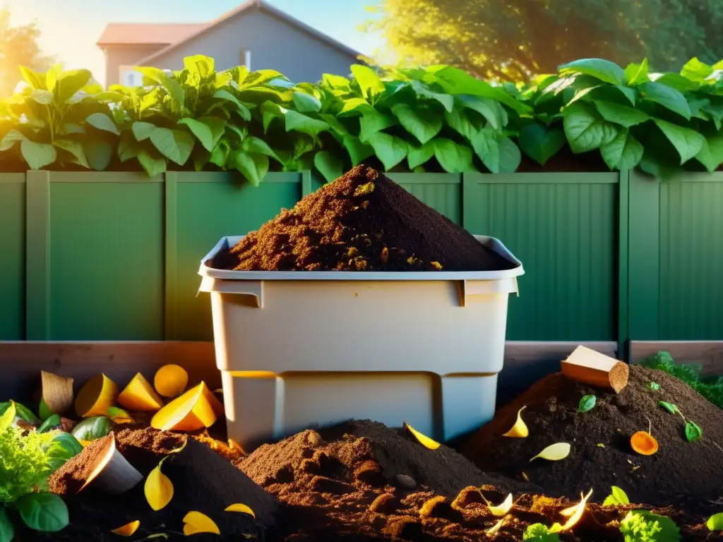 Montar planta compostaje en casa: Un jardín hogareño con pilas de compost bien organizadas y desechos en descomposición, bañado por cálida luz dorada