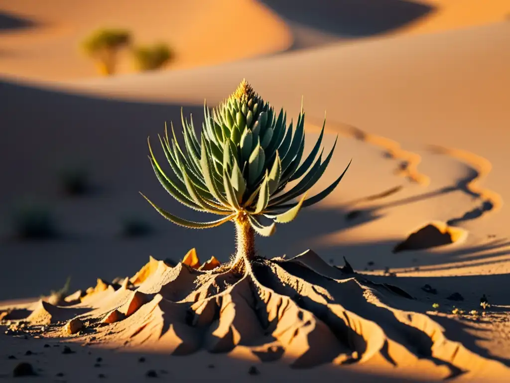 Planta del desierto con raíces intrincadas en suelo árido, iluminada por el cálido sol