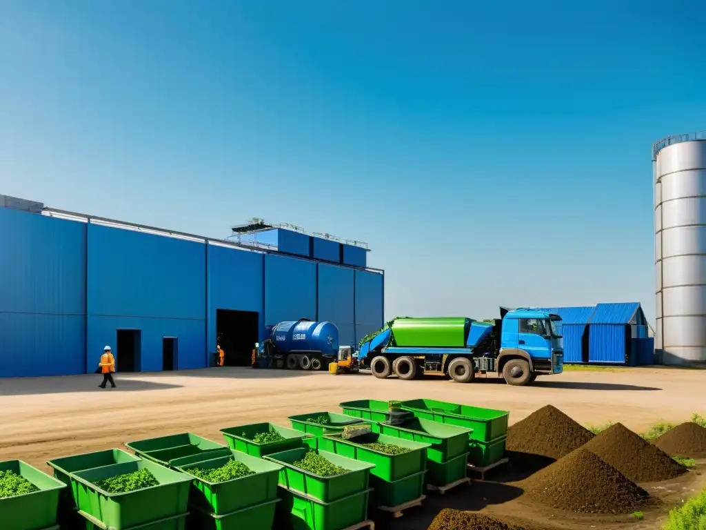 Una planta moderna de reciclaje en Rusia, con estructuras metálicas elegantes y cielos azules