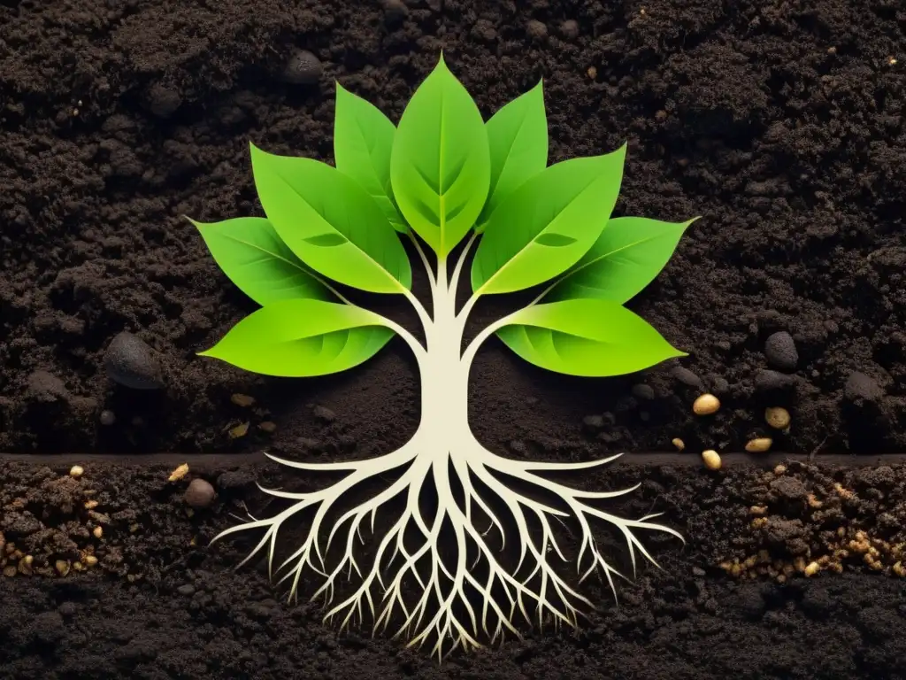 Planta próspera con raíces penetrando compost, mostrando beneficios del compostaje en suelos compactos