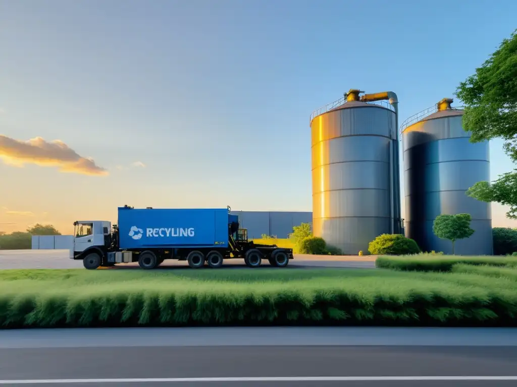 Planta de reciclaje al atardecer, armonía entre industria y naturaleza