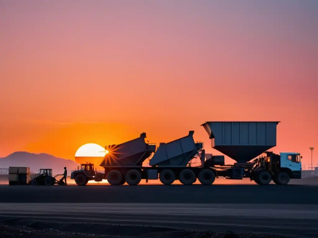 Una planta de reciclaje al atardecer, con maquinaria y trabajadores clasificando materiales reciclables bajo el cálido resplandor del sol