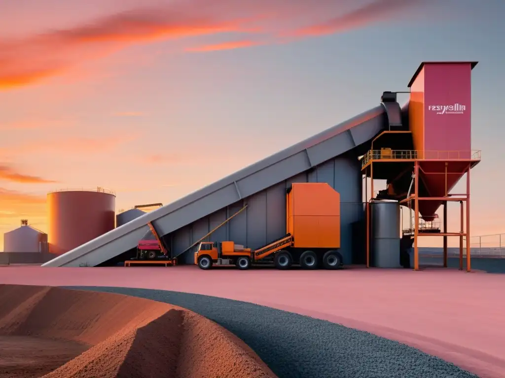 Planta de reciclaje al atardecer, con maquinaria moderna y cielo anaranjado