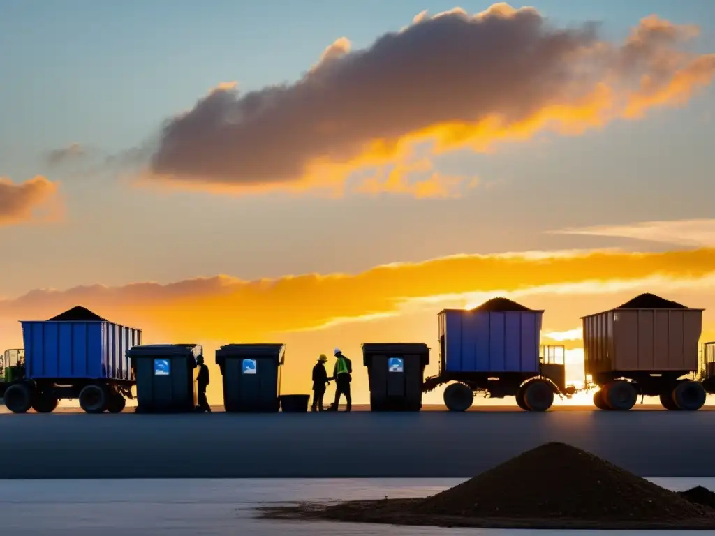 Una planta de reciclaje al atardecer, trabajadores clasificando materiales con eficiencia