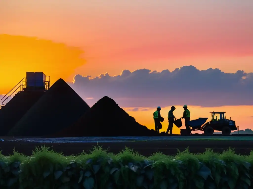 Planta de reciclaje al atardecer, trabajadores, maquinaria y naturaleza en armonía, impacto legislación reciclaje práctica