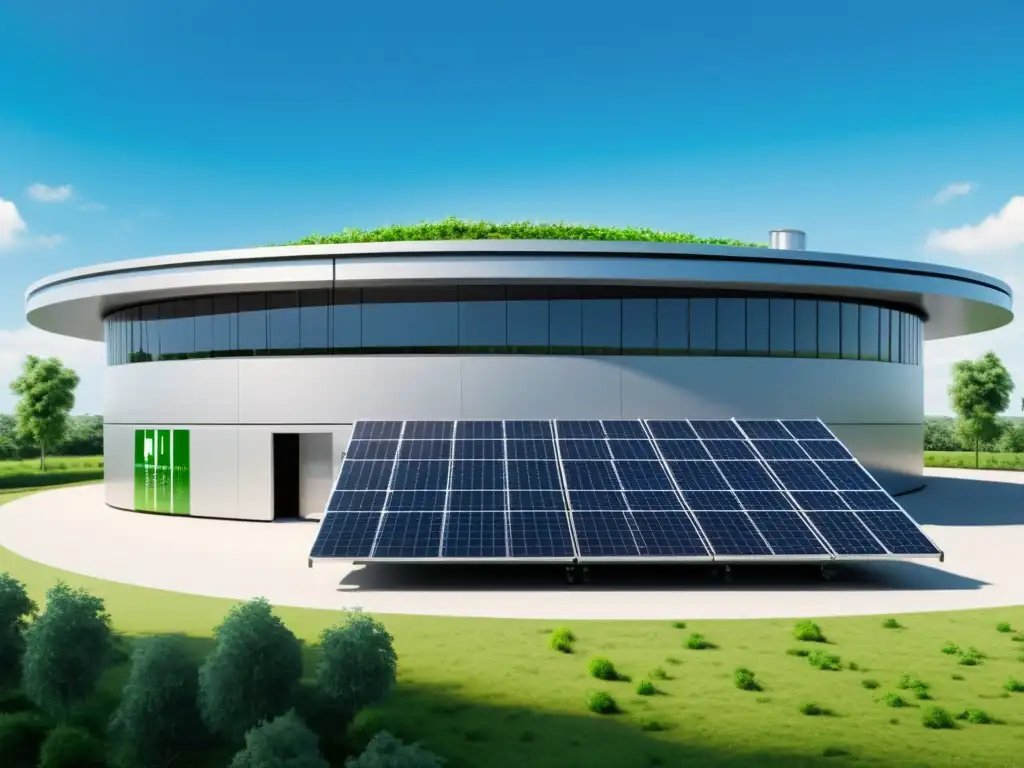 Planta de reciclaje automatizada con paneles solares, rodeada de vegetación, reflejando eficiencia energética y responsabilidad ambiental