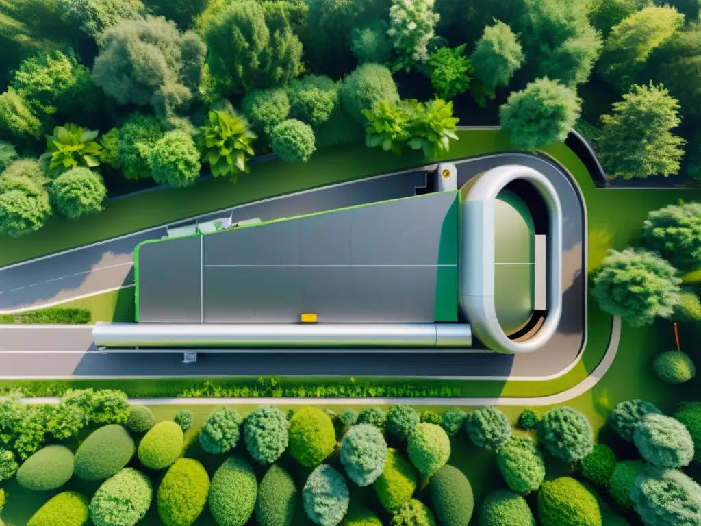 Planta de reciclaje automatizado rodeada de vegetación exuberante, transmitiendo eficiencia y armonía ambiental para comunidades sostenibles
