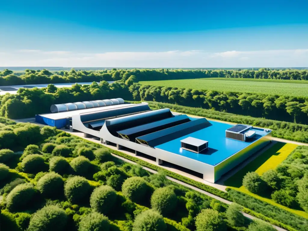 Una planta de reciclaje futurista, rodeada de naturaleza exuberante y cielo azul