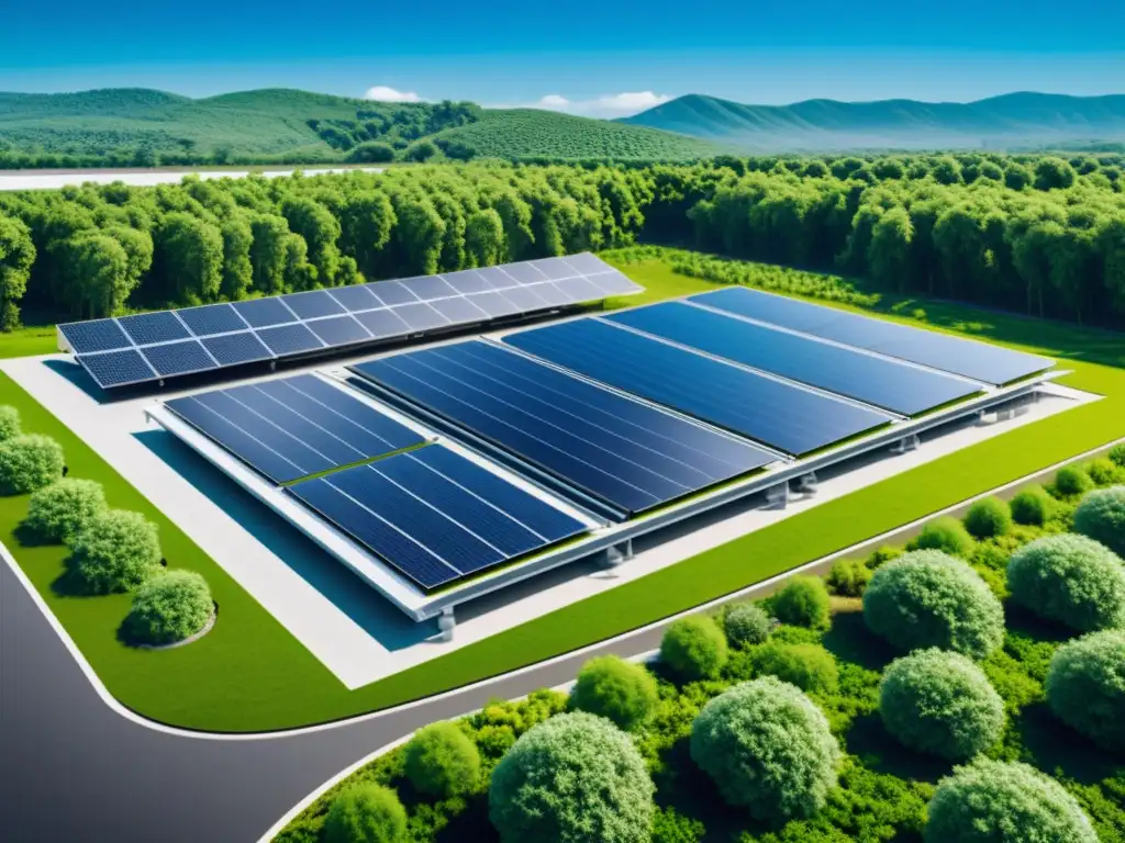 Una planta de reciclaje moderna y eficiente con paneles solares, rodeada de naturaleza exuberante y cielos azules