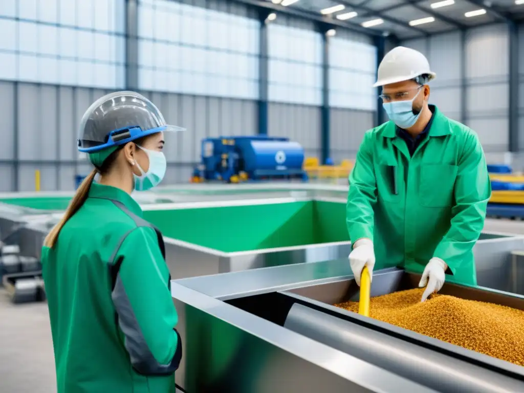 Planta de reciclaje de bioplásticos moderna con maquinaria futurista y trabajadores monitoreando el proceso