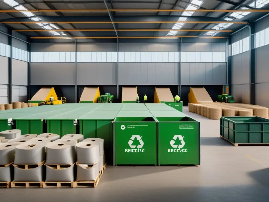 Una planta de reciclaje de papel y cartón moderna y eficiente, con trabajadores ordenando materiales