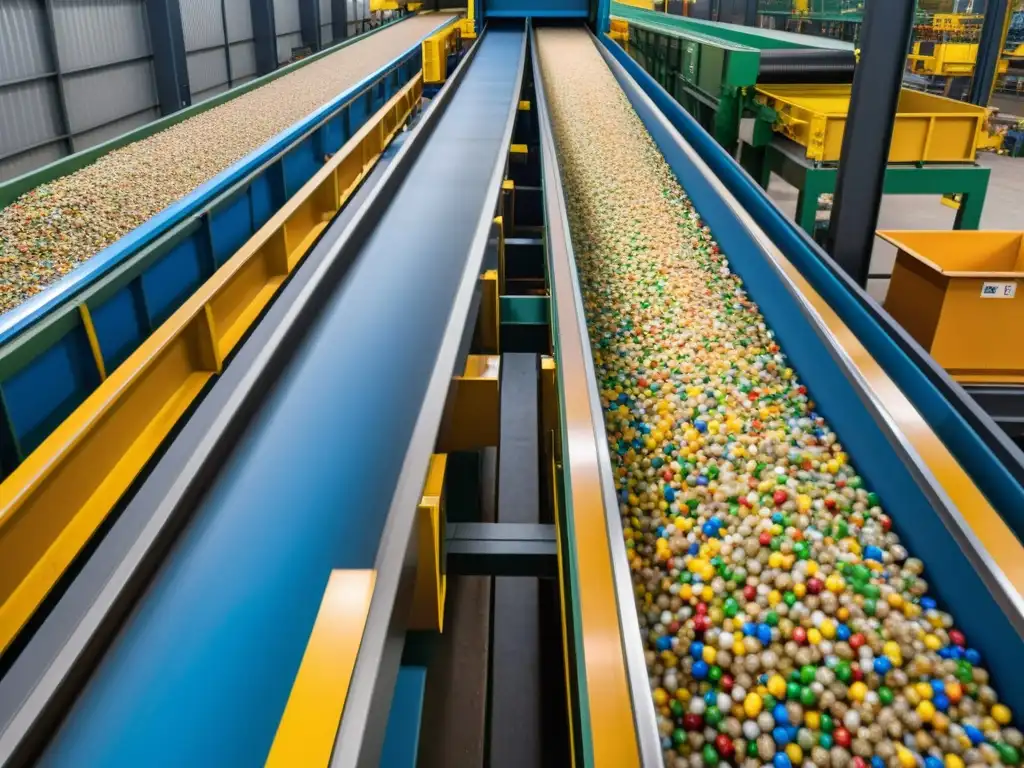 Conveyor belt en planta de reciclaje, trabajadores ordenando materiales