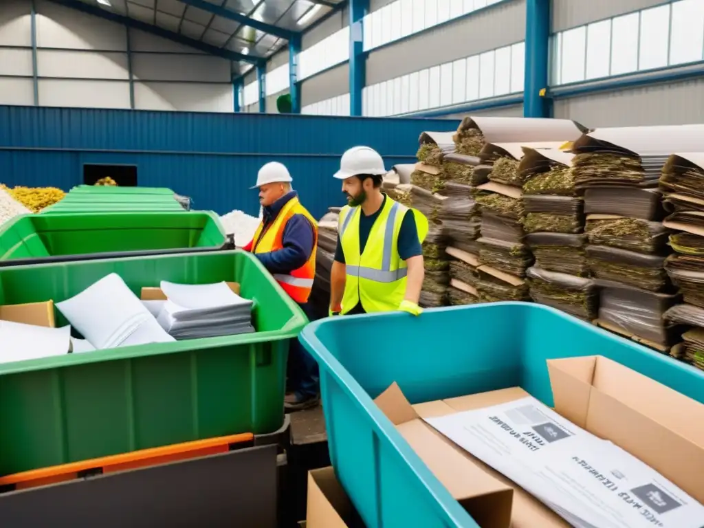 Planta de reciclaje con trabajadores clasificando materiales y camiones transportando bienes reciclados