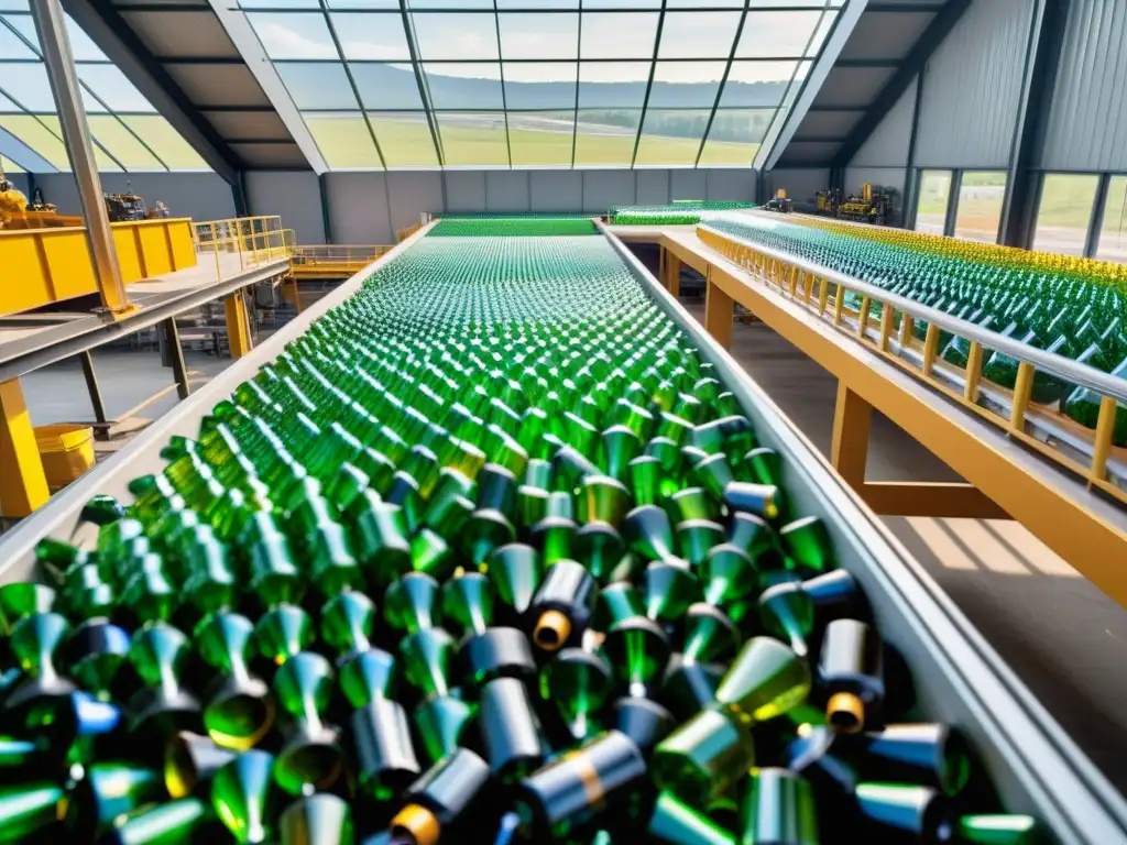 Planta de reciclaje de vidrio con trabajadores separando botellas de colores