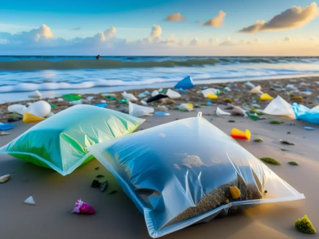 Playa abarrotada con bolsas de plástico, mostrando el impacto negativo en el medio ambiente