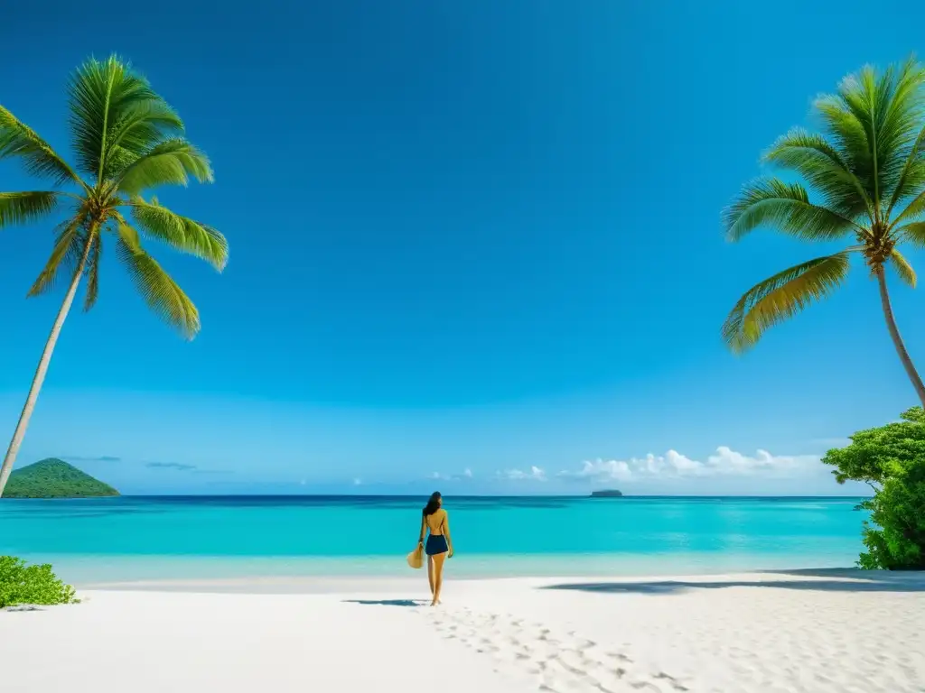 Playa de arena blanca y agua turquesa, rodeada de palmeras verdes bajo cielo azul sin nubes