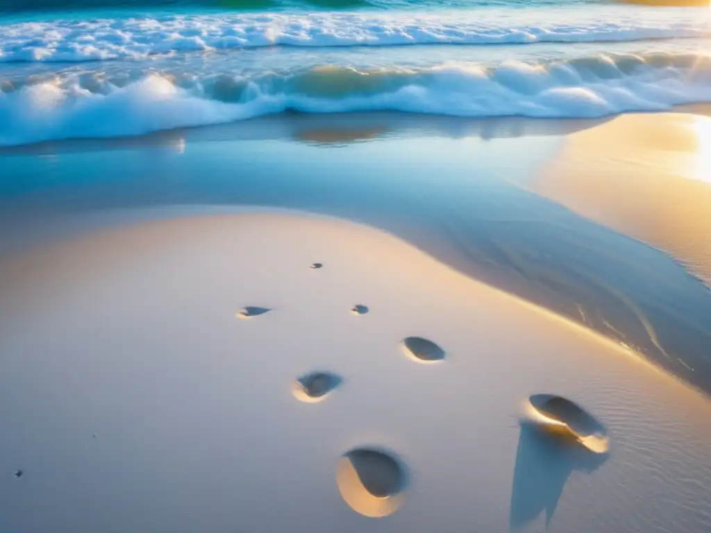 Playa de arena blanca y aguas cristalinas al atardecer, transmitiendo serenidad