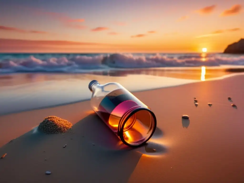 Playa virgen al atardecer, con olas suaves y una botella de plástico abandonada