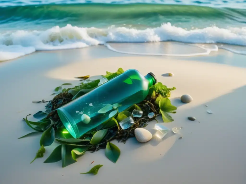 Playa paradisíaca con basura de plástico entre algas, impacto legal plástico uso