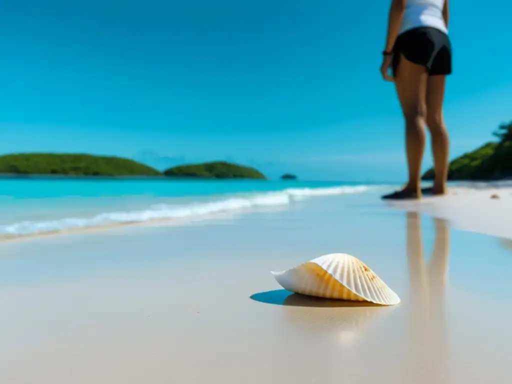 Playa prístina con aguas turquesa, una concha perfecta y una figura recogiendo basura