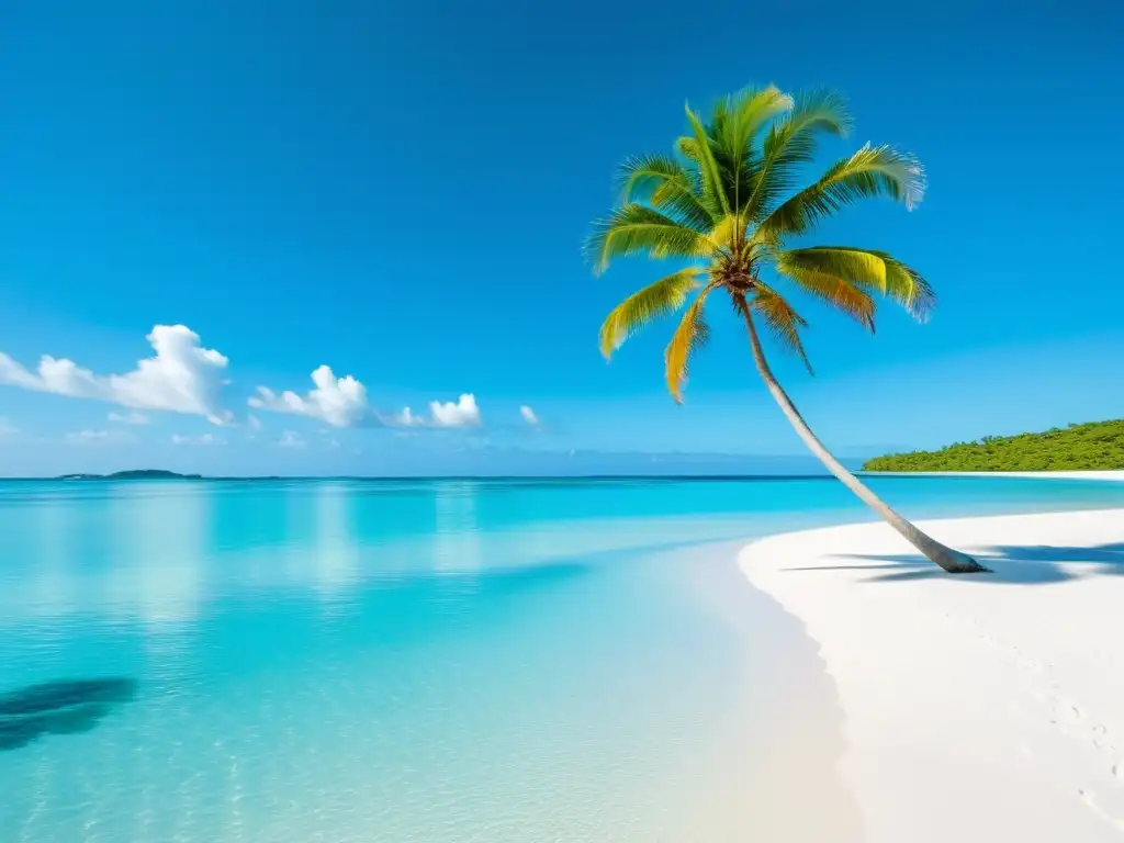 Playa prístina con aguas turquesa cristalinas, arena blanca y palmera solitaria