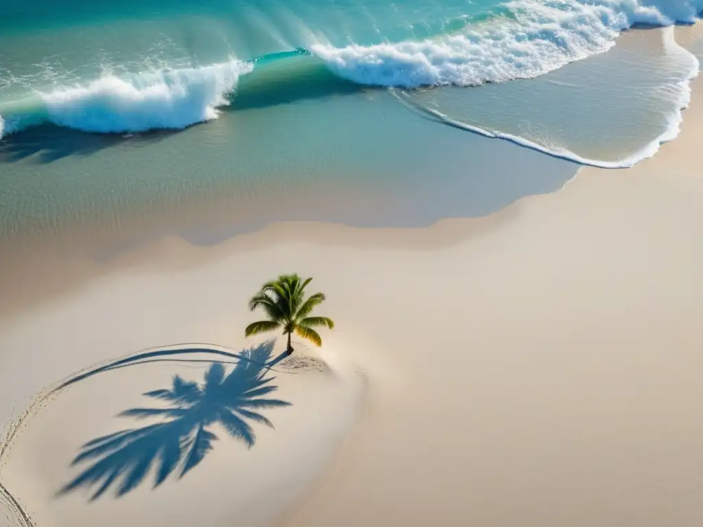 Playa serena con agua cristalina y una palmera solitaria proyectando sombra