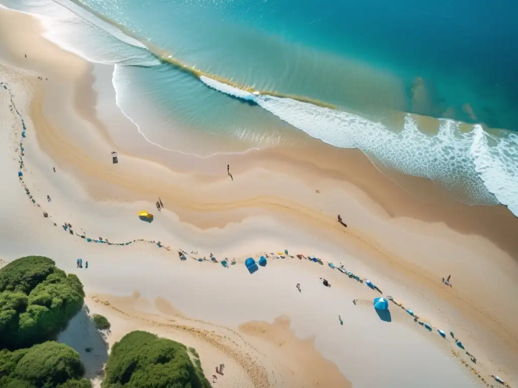 Playa serena con agua cristalina, arena dorada y personas practicando reciclaje turístico