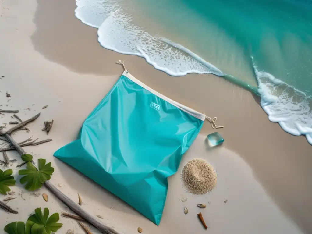 Una playa serena con agua turquesa y basura plástica, evocando la urgencia de la evaluación campaña 'Ban the Bag' National Geographic