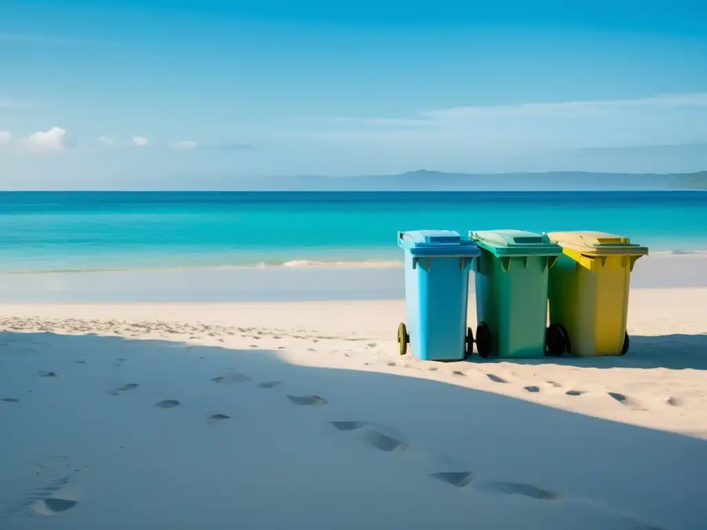 Playa serena con aguas cristalinas, arena blanca y prácticas sostenibles de reciclaje turístico integradas en el paisaje natural