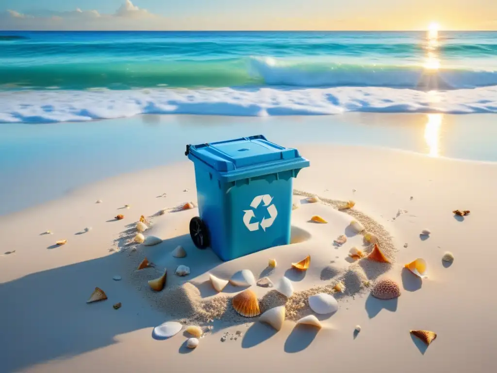 Playa serena con aguas cristalinas, arena blanca y un contenedor de reciclaje destacado, rodeado de conchas y basura